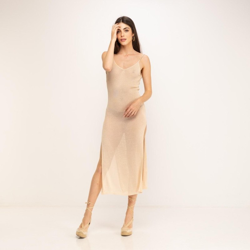 Vestido largo beach, talla única, color Beige, made in Italy