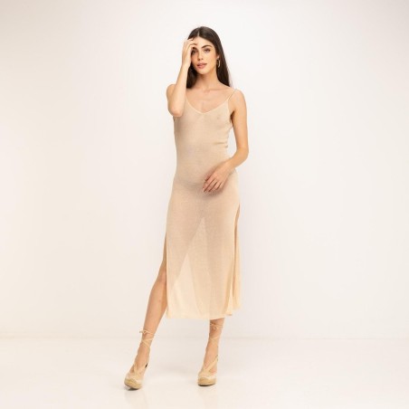 Vestido largo beach, talla única, color Beige, made in Italy