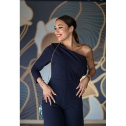 Mono de fiesta con corte asimétrico. Corte en la cintura y pantalón recto tobillero. -Talla y corte: Talla S/M - M/L,